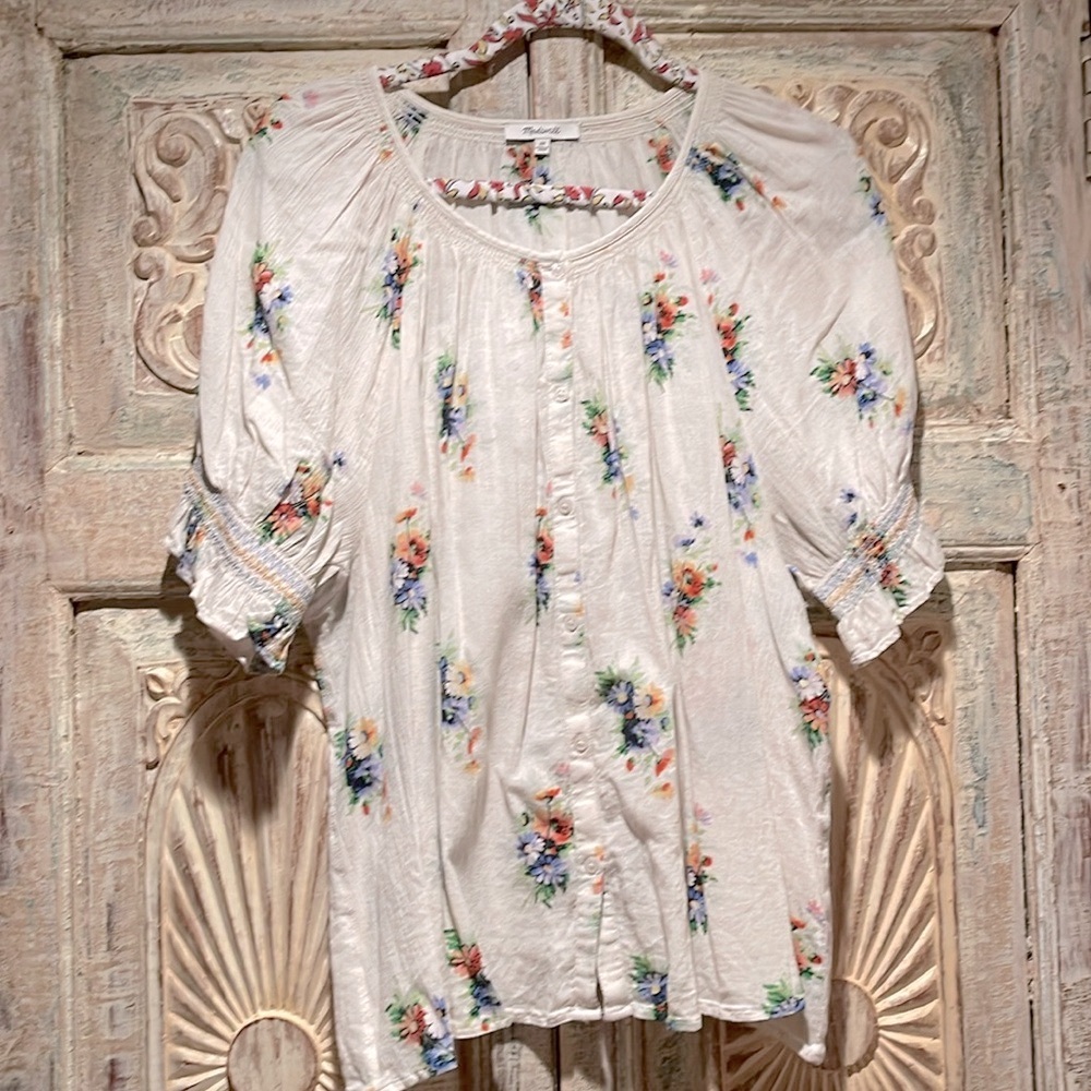 EUC Madewell Smocked Button-Down Top /2X, Nosegay Floral Antique Lace/
